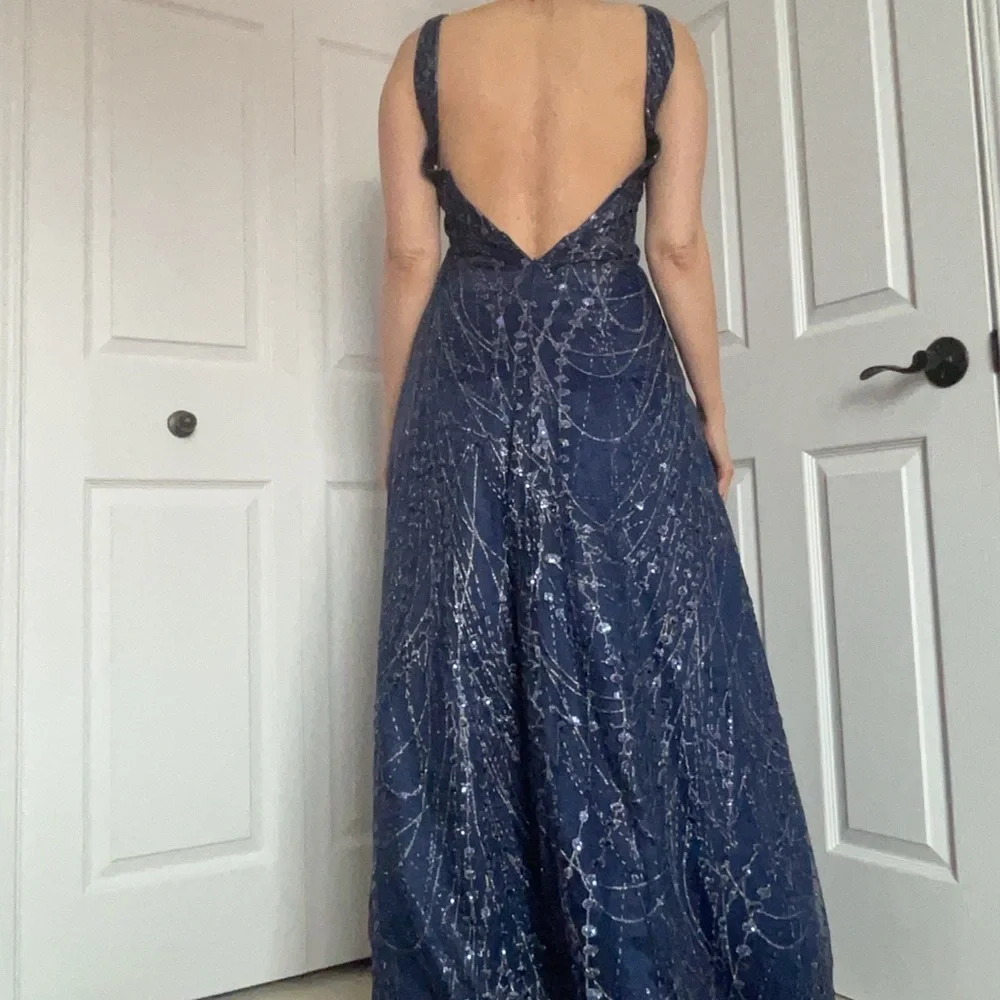 Full Length Navy Glitter Tulle and Satin Gown - Picture 13 of 15